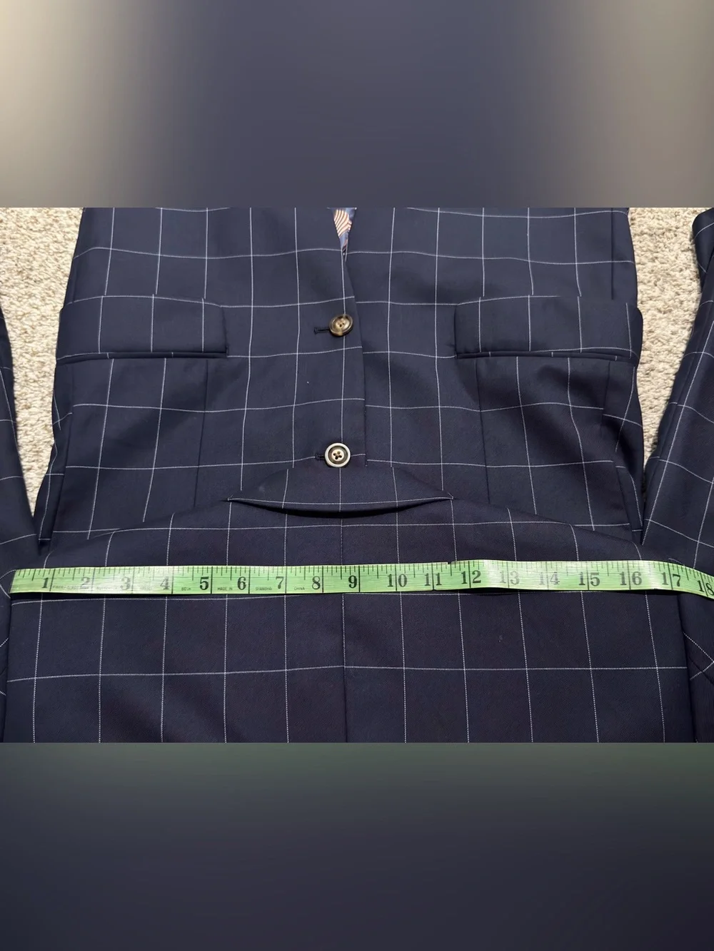 INDOCHINO Custom Wool Suit 40R 34x30 Navy Harrogate Windowpane US Flag Lining